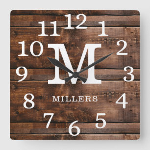 Horloge Carrée Rustic Wood Grand Nombre Nom de famille Monogramme