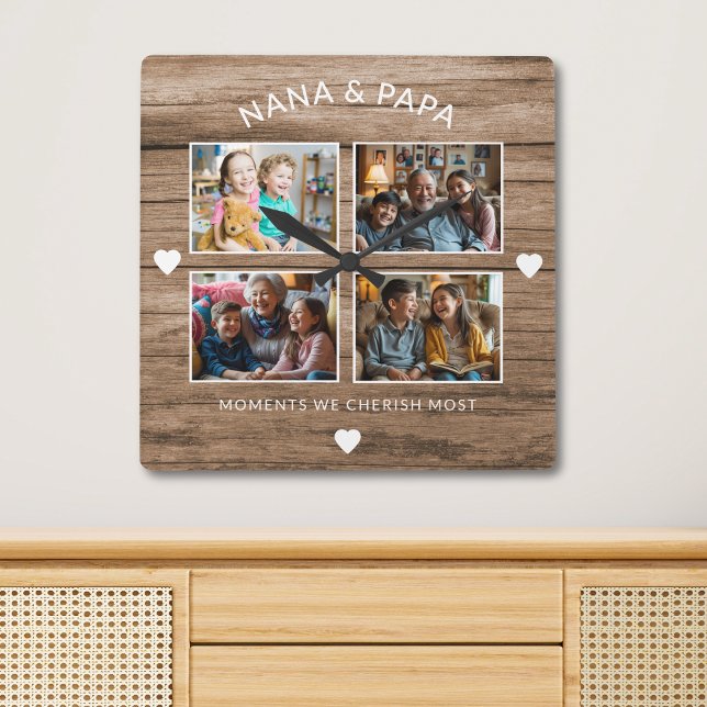 Horloge Carrée Rustic Wood Nana Papa 4 Photo Grand-parent Cadeau (Créateur téléchargé)
