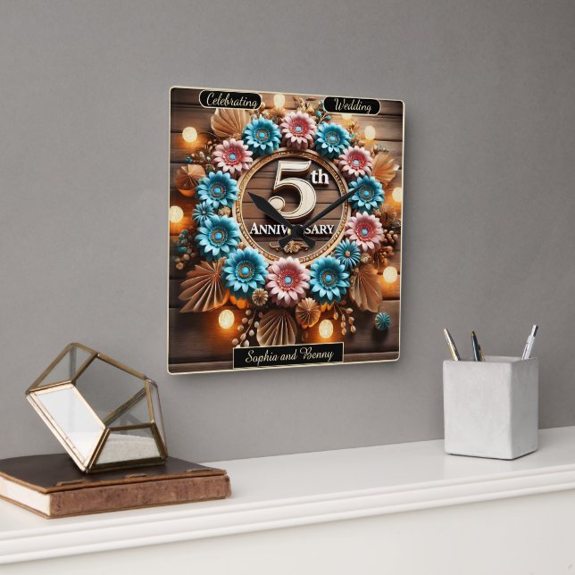 Horloge Carrée Rustique 5e anniversaire Floral (Bureau)