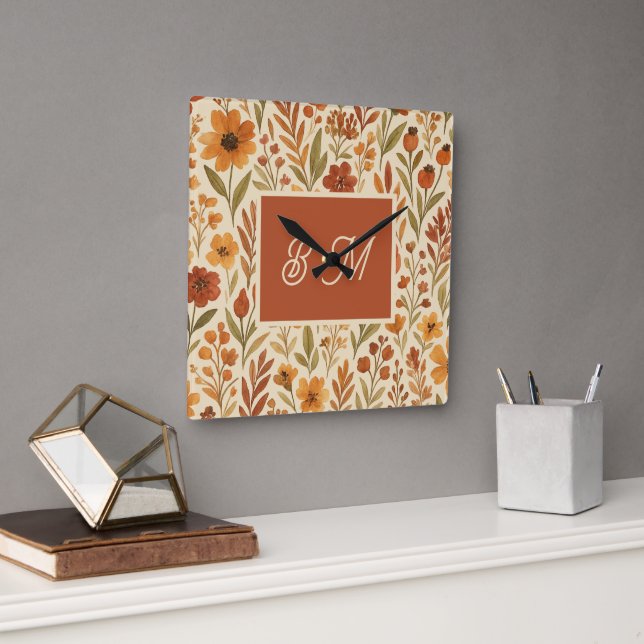 Horloge Carrée Rustique Automne vibes d'automne & Monogramme flor (Bureau)