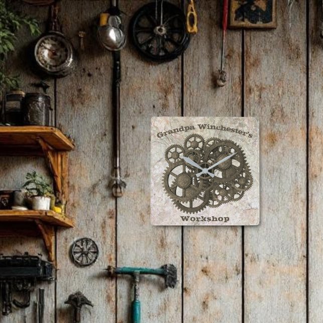 Horloge Carrée Rustique Gears Sprocket Steampunk Sur Modèle De Pi (stone slab background gears wall clock template)