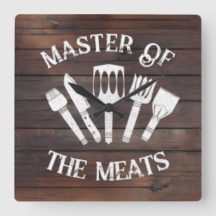 Horloge Carrée Rustique "Master of Meats" - Drôle cadeau BBQ