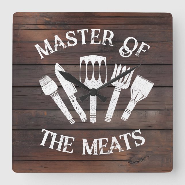 Horloge Carrée Rustique "Master of Meats" - Drôle cadeau BBQ (Recto)
