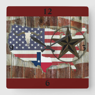 Horloge Carrée Rustique Texas Lone Star Texas Long Horn