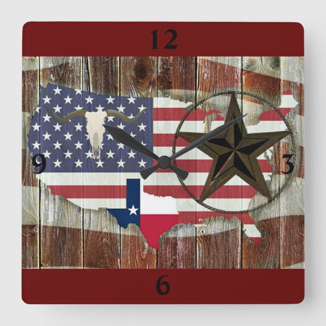 Horloge Carrée Rustique Texas Lone Star Texas Long Horn (Recto)