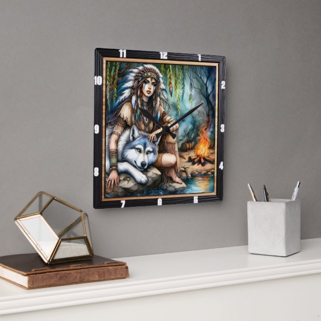 Horloge Carrée Rythme indigène : Danse sauvage (Bureau)