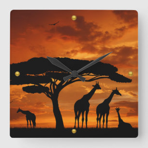 Horloge Carrée Safari africain au coucher du soleil