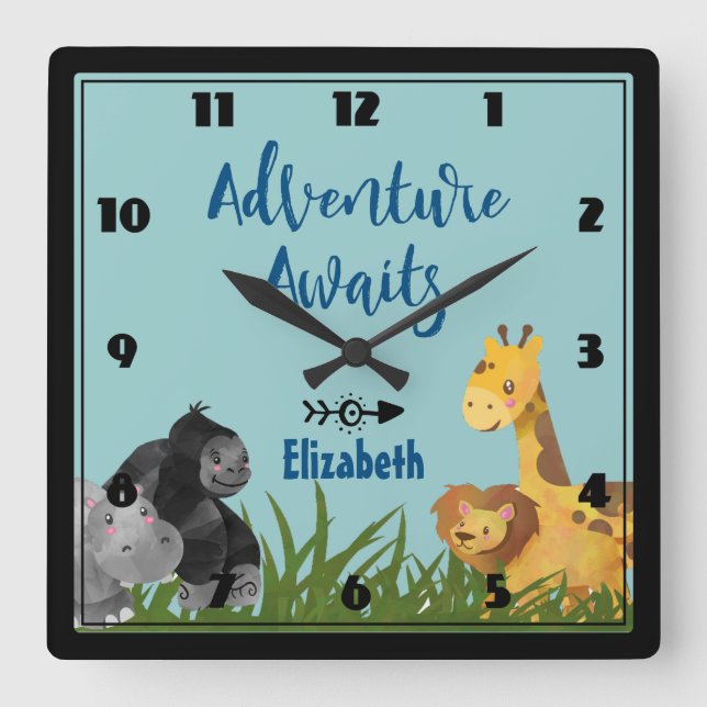 Horloge Carrée Safari Jungle Animal Illustration Aventure Attend (Recto)