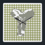 Horloge Carrée Safari vert point avec Pop Art Elephant<br><div class="desc">Motif de pois mod dans la palette de couleurs "Safari" d'Emporio Moffa avec design Pop Art Elephant sur l'avant et points simples sur l'arrière.</div>
