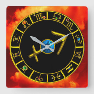 Horloge Carrée SAGITTARIUS Gold Blue Zodiac Jewel Astrology Chart