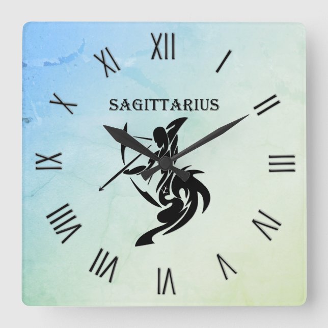 Horloge Carrée Sagittarius Zodiac symbole Blue Green Numerals (Recto)
