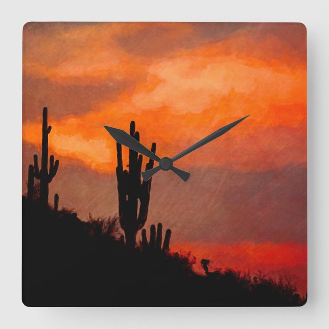 Horloge Carrée Saguaro Cactus Silhouette Arizona Red Sunset (Recto)