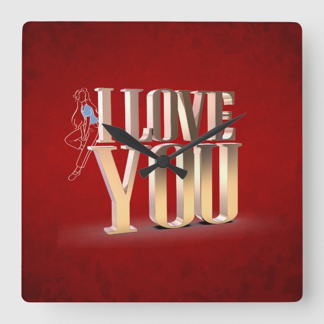 Horloge Carrée Saint Valentin Rouge 3D Je t'aime (Recto)