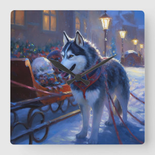 Horloge Carrée Saison de Noël Sibérienne Husky