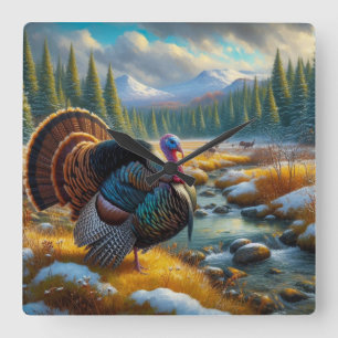 Horloge Carrée Saison d'hiver Première neige Dinde sauvage 