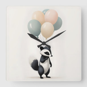 Horloge Carrée Salle minimaliste Boho Skunk Balloons Nursery Kids