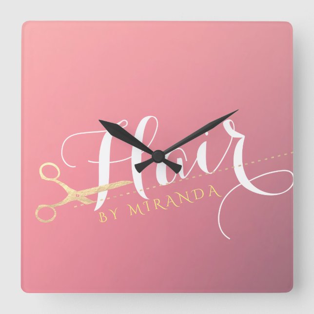 Horloge Carrée Salon de maquillage moderne ciseaux d'or rose (Recto)