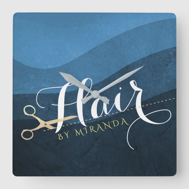 Horloge Carrée Salon des cheveux Coiffeuse Ciseaux bleu et or mod (Recto)