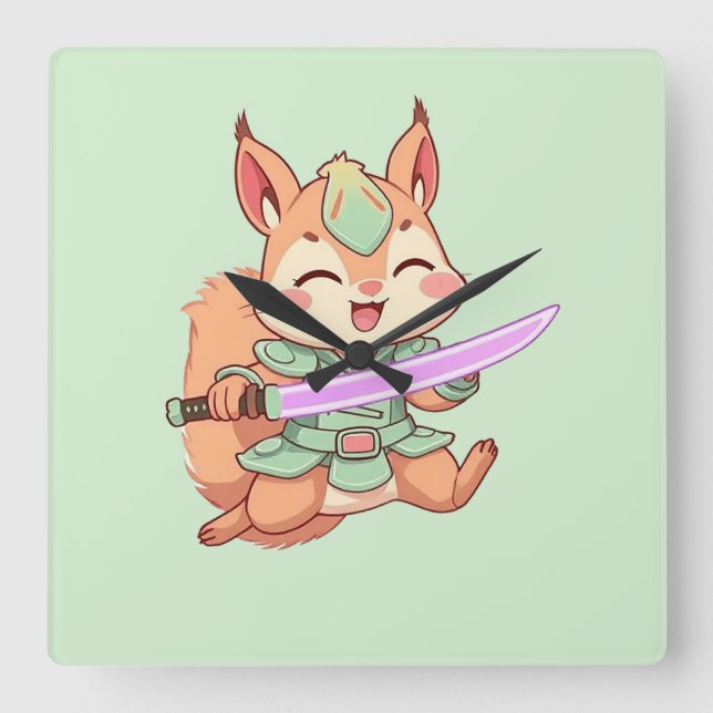 Horloge Carrée Samouraï écureuil kawaii. (Recto)