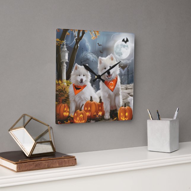 Horloge Carrée Samoyed Halloween Épouvantable (Bureau)