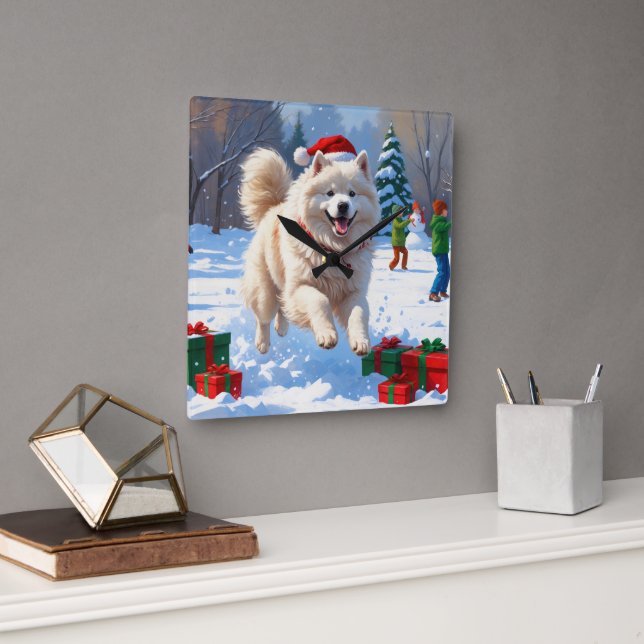 Horloge Carrée Samoyed Running en neige avec Casquette de Noël (Bureau)