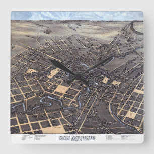 Horloge Carrée San Antonio, Texas, Antique Aerial City Map, 1873