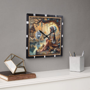 Horloge Carrée Sanctuaire indien : l'esprit du bois sauvage