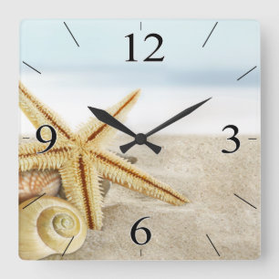 Horloge Carrée Sandy Beach Starfish Coquillages