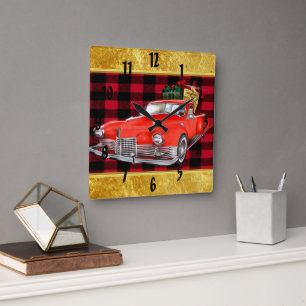 Horloge Carrée Santa Claus dans une vieille vieille voiture ancie