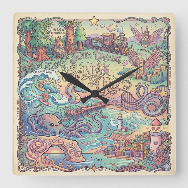 Horloge Carrée Santa Cruz California Illustrated Dreamscape Map (Recto)