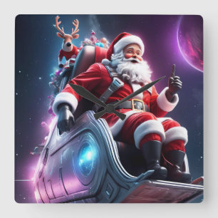 Horloge Carrée Santa dans l'Espace Une Odyssée de Noël Futurist