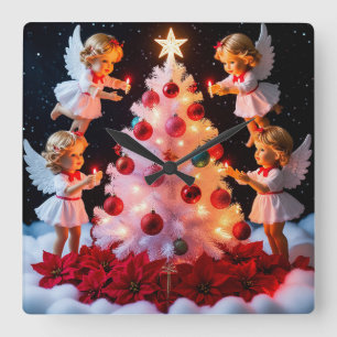 Horloge Carrée Sapin de Noël fantaisiste avec figurines d'anges