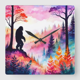 Horloge Carrée Sasquatch coloré sur Ridge surplombant la forêt