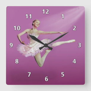 Horloge Carrée Saut de la ballerine sur le rose