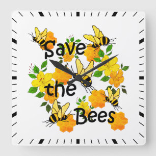 Horloge Carrée Sauvez les abeilles, le peigne de miel et les fleu