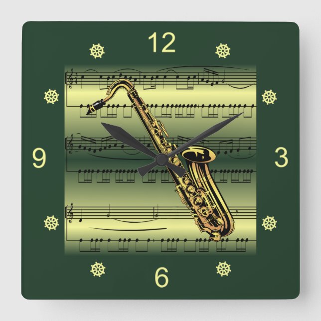 Horloge Carrée Saxophone à Rolled Sheet Music à (Recto)