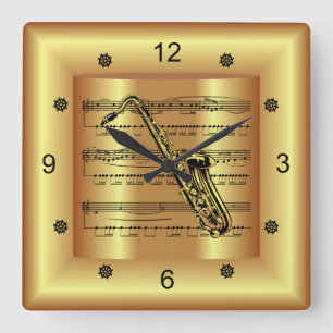 Horloge Carrée Saxophone ~ Partition courbe ~ Arrière - plan or ~