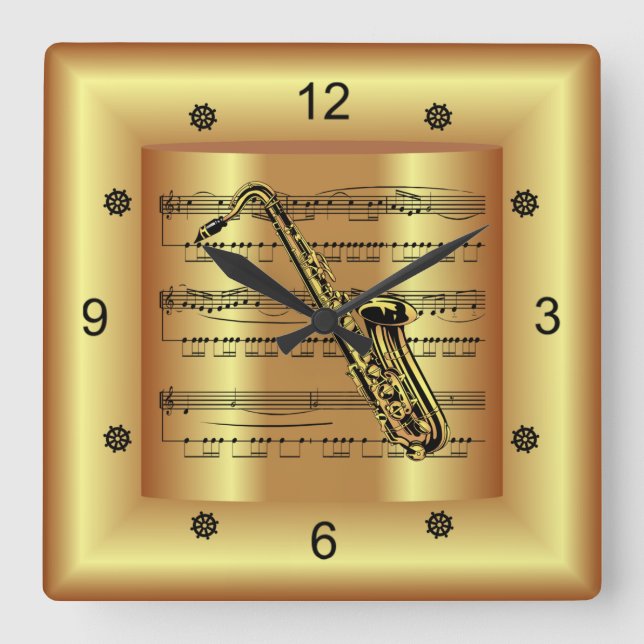 Horloge Carrée Saxophone ~ Partition courbe ~ Arrière - plan or ~ (Recto)