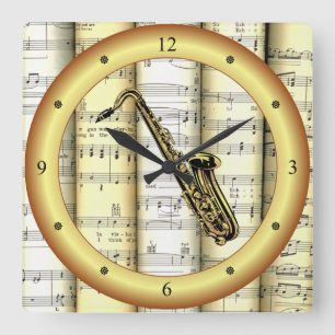Horloge Carrée Saxophone ~ Partition roulée ~ Anneau or ~ * ~ ~