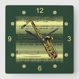 Horloge Carrée Saxophone~Partition roulée~Arrière - plan or/ver