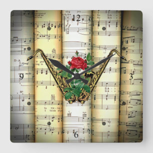 Horloge Carrée Saxophone & Rose ~ Partition roulée ~ Musique