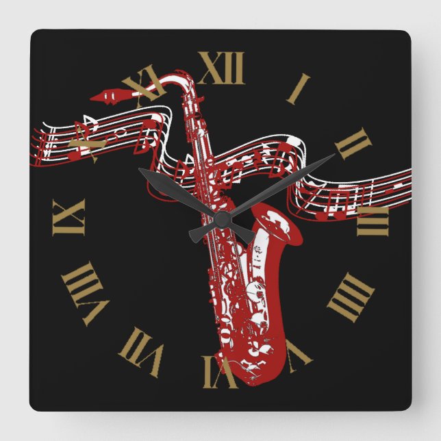 Horloge Carrée Saxophone rouge élégant et cool (Recto)