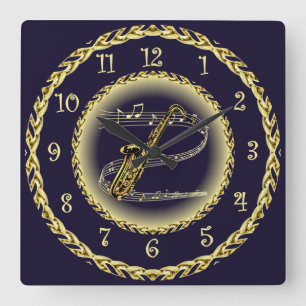 Horloge Carrée Saxophone ~ Scroll musical ~ Gold/Navy Blue ~