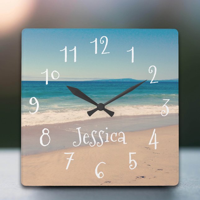 Horloge Carrée Scène Aqua Seaside (Personalized Aqua Seaside Beach Scene Square Wall Clock)