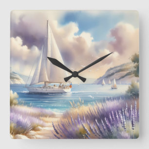 Horloge Carrée Scène aquarelle de voilier sur la Côte de Lavande