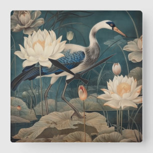 Horloge Carrée Scène botanique vintage grue bleue et lotus