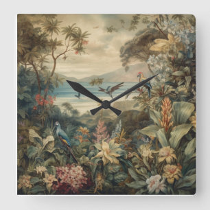 Horloge Carrée Scène botanique vintage oiseaux fleurs au paradis