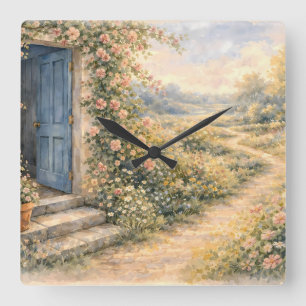 Horloge Carrée Scène de chemin fleuri à la porte bleue du jardin 