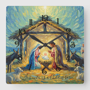 Horloge Carrée Scène de la Nativité Peinture Impressionniste