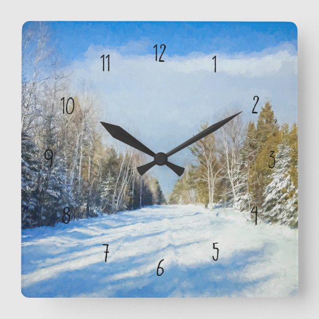 Horloge Carrée Scène de la route hivernale neige (Recto)